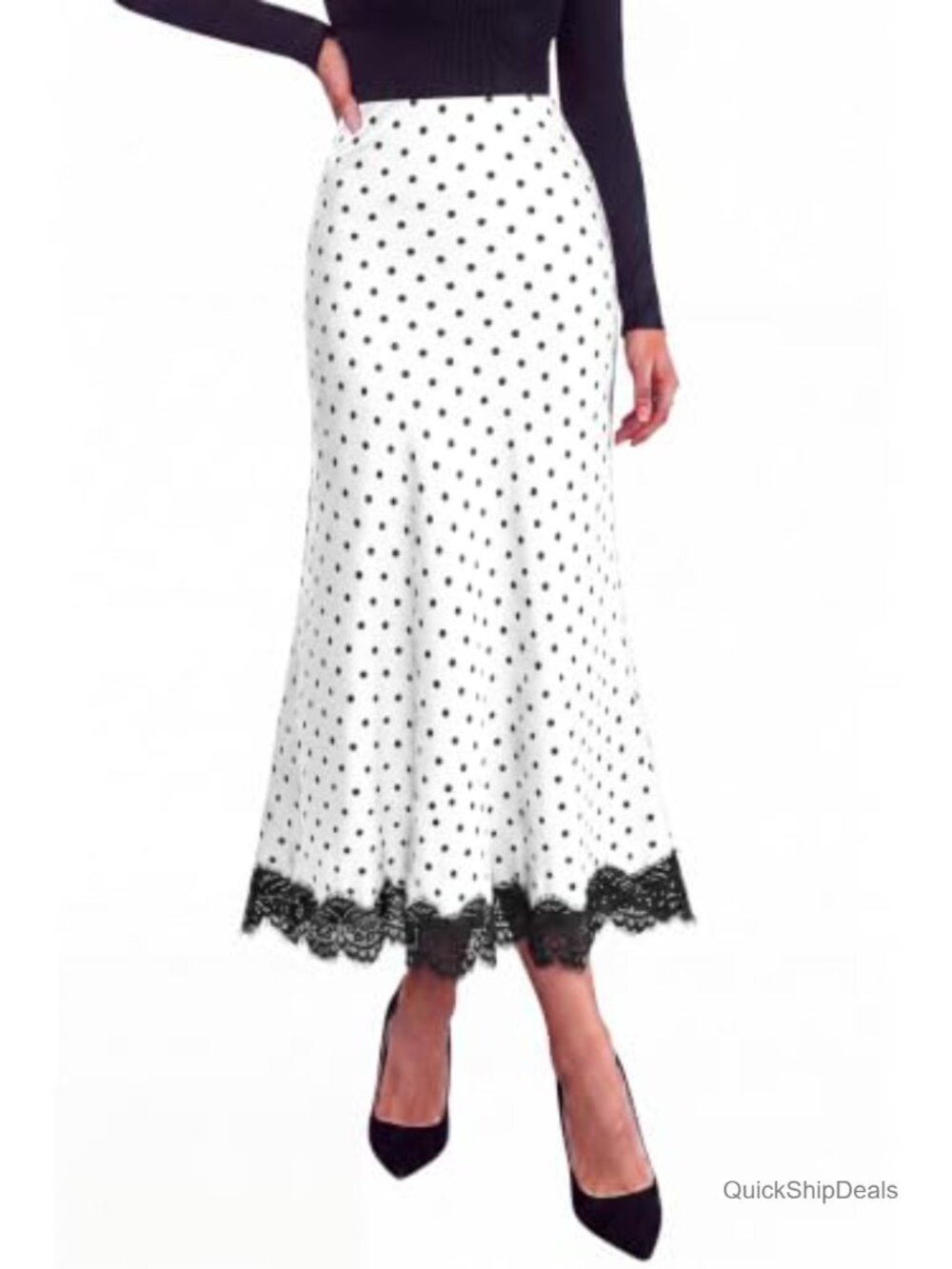 Satin Silk Lace Trim Skirt A-Line High Waist Midi